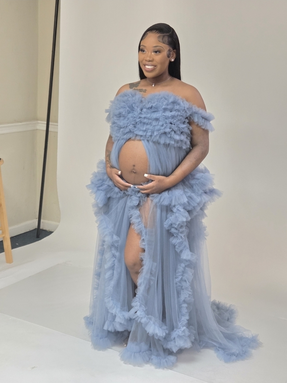 Dusty Blue Ruffled Maternity Tulle Gown